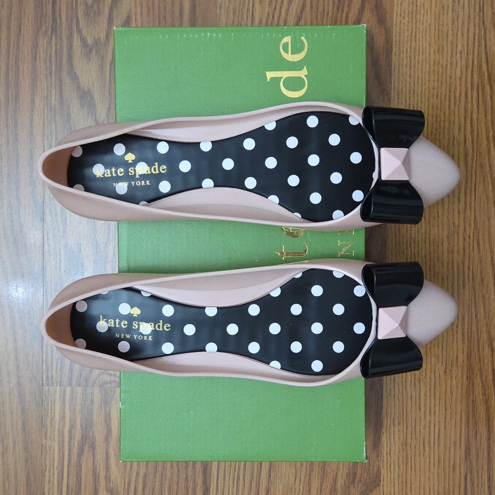 Kate Spade New York Pink Jelly Ballerina Flats Black Bows Women's/ 8